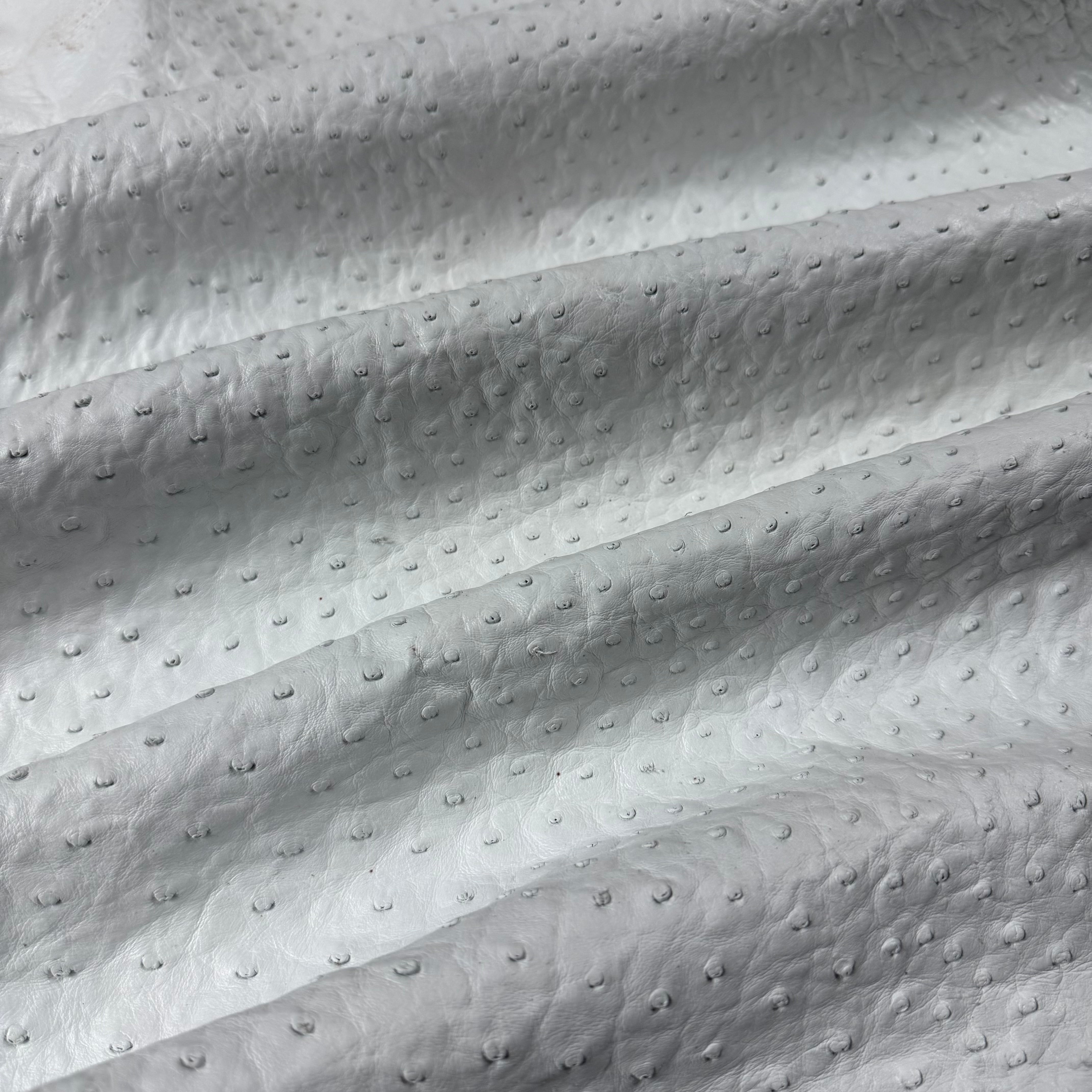 White full quill genuine ostrich leather with natural raised quill pattern and soft texture.