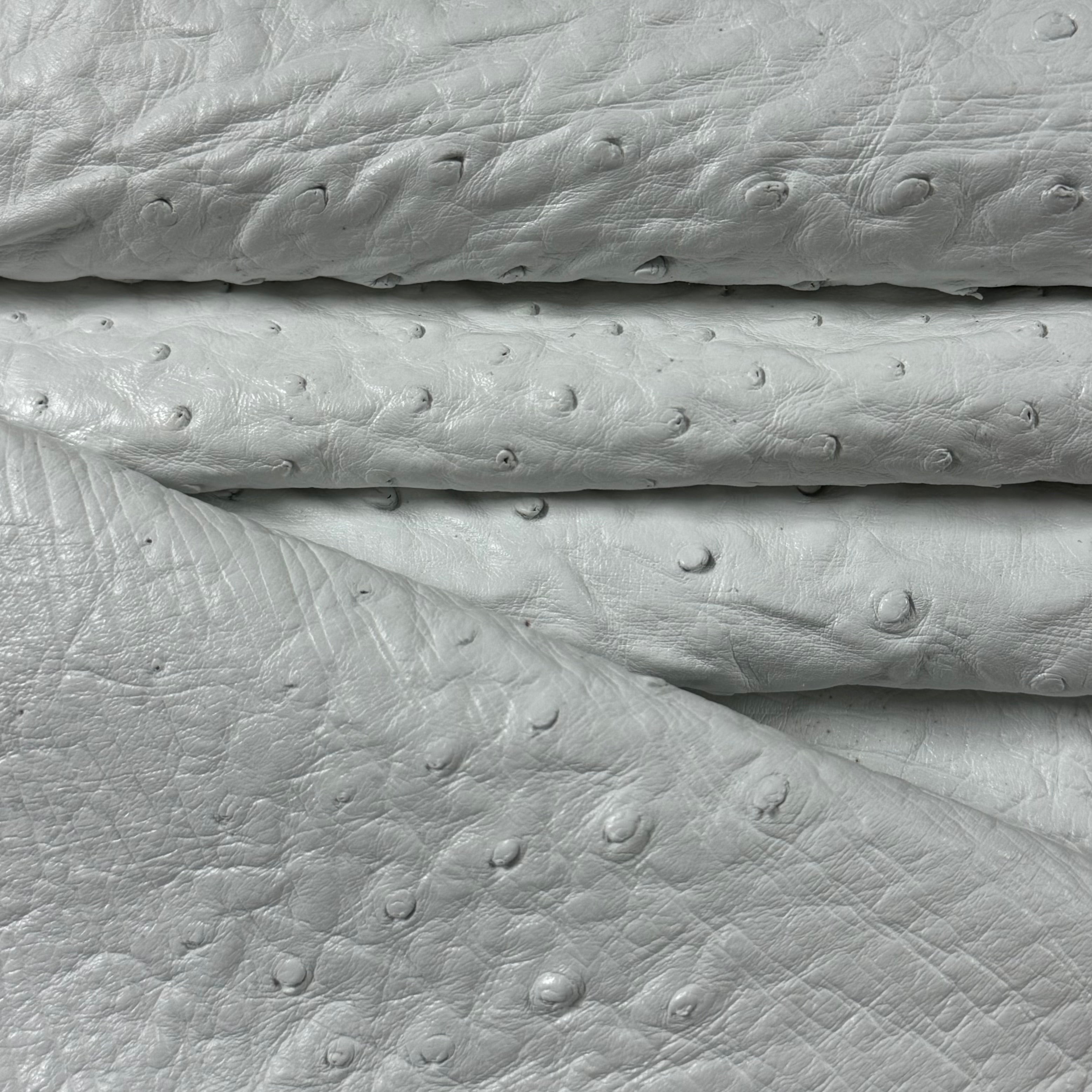 Rolled white full quill genuine ostrich leather with distinctive raised texture.