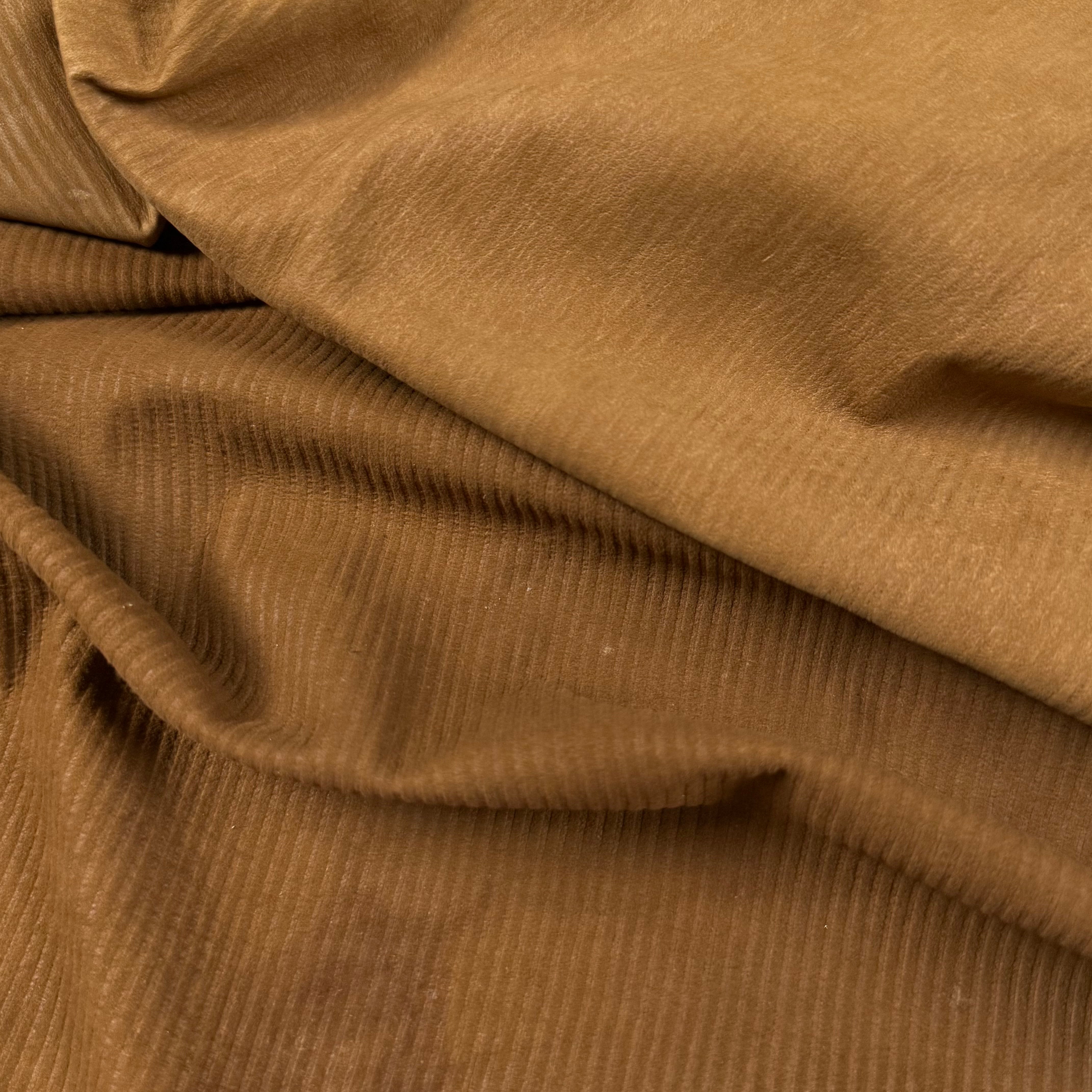 Tan Corduroy Metis Lamb Suede with ribbed texture, soft and supple for apparel.