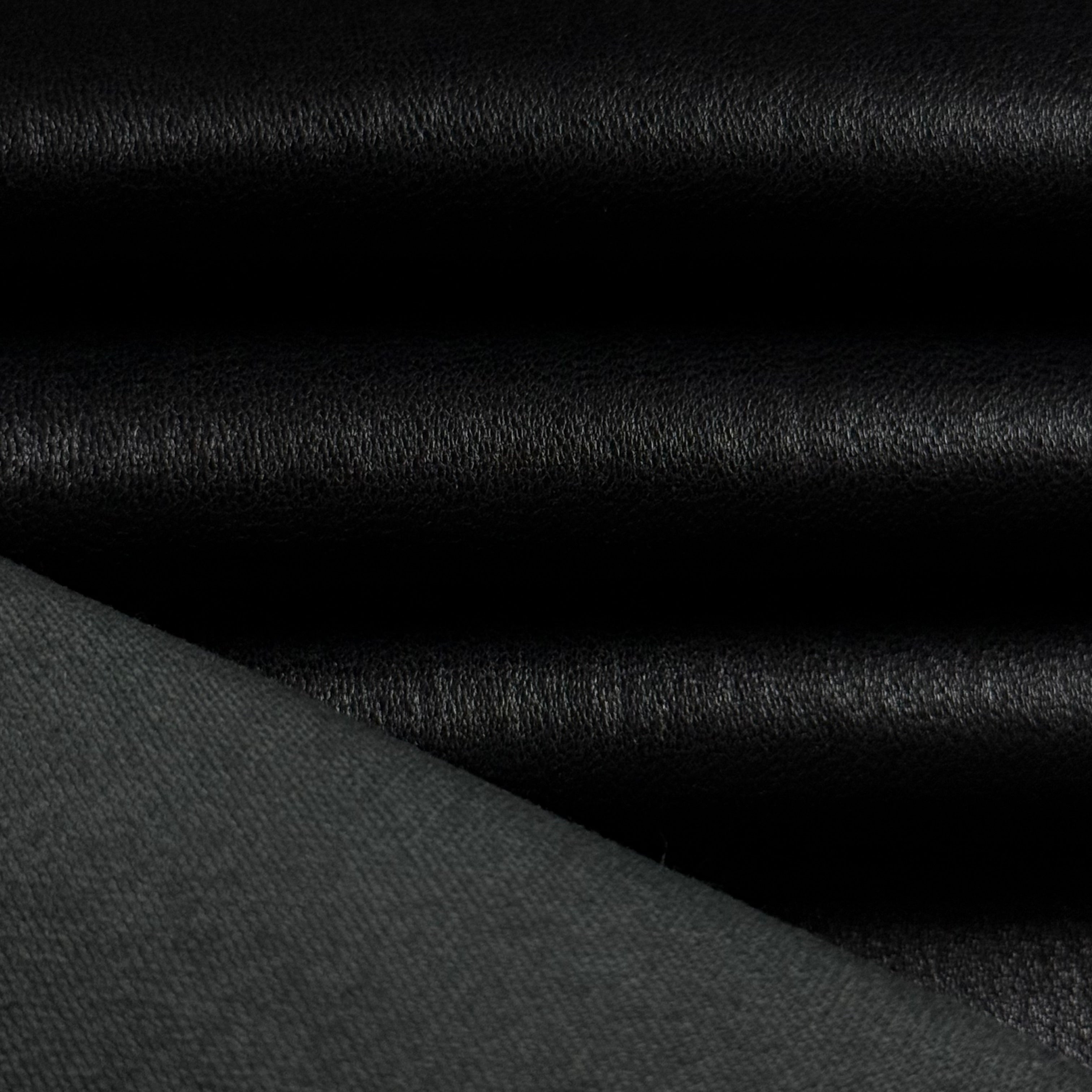 Black Italian stretch nappa lamb leather with a smooth finish and gray lycra backing.