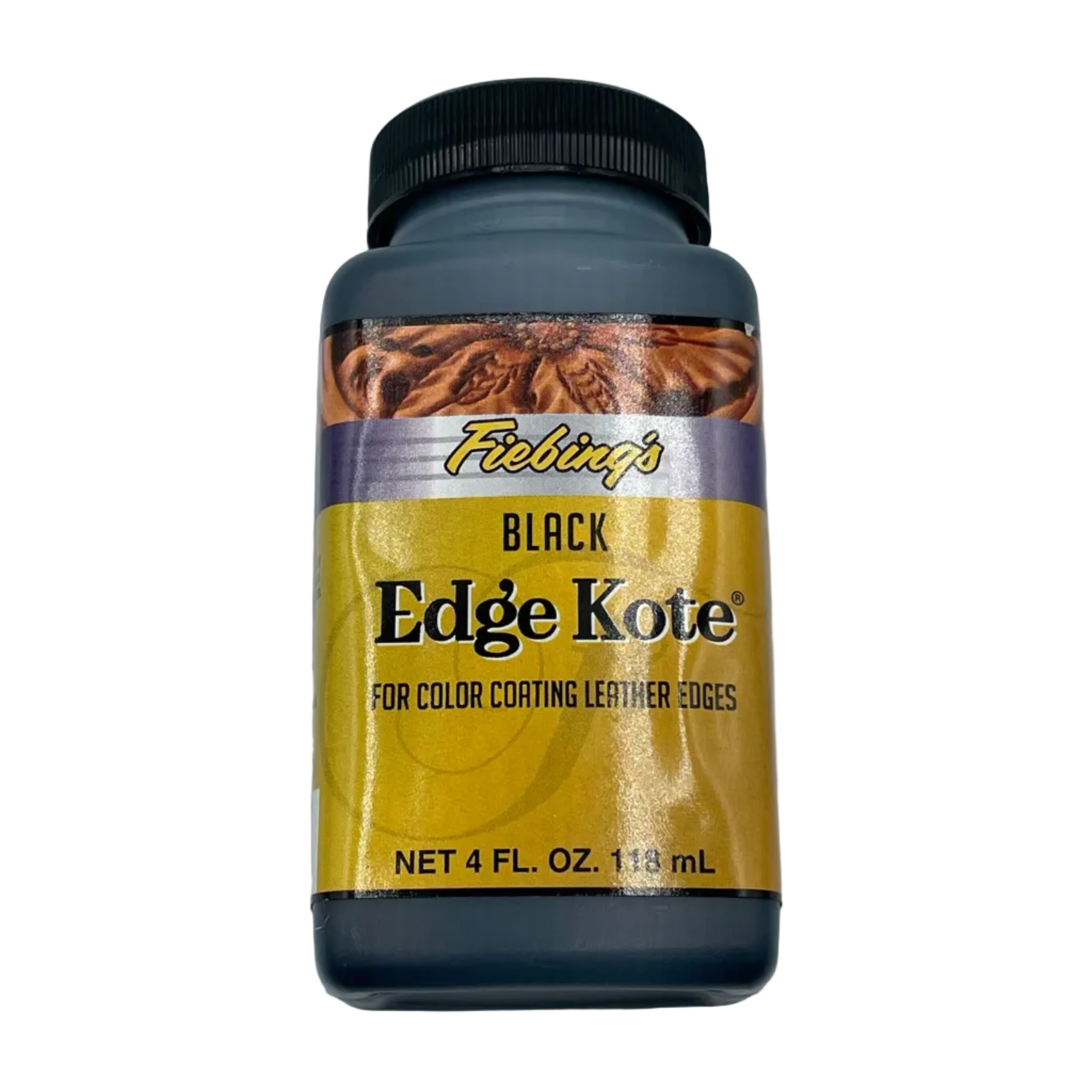 Fiebing's Edge Kote in black, a 4 oz bottle for color coating leather edges with a yellow and purple label.