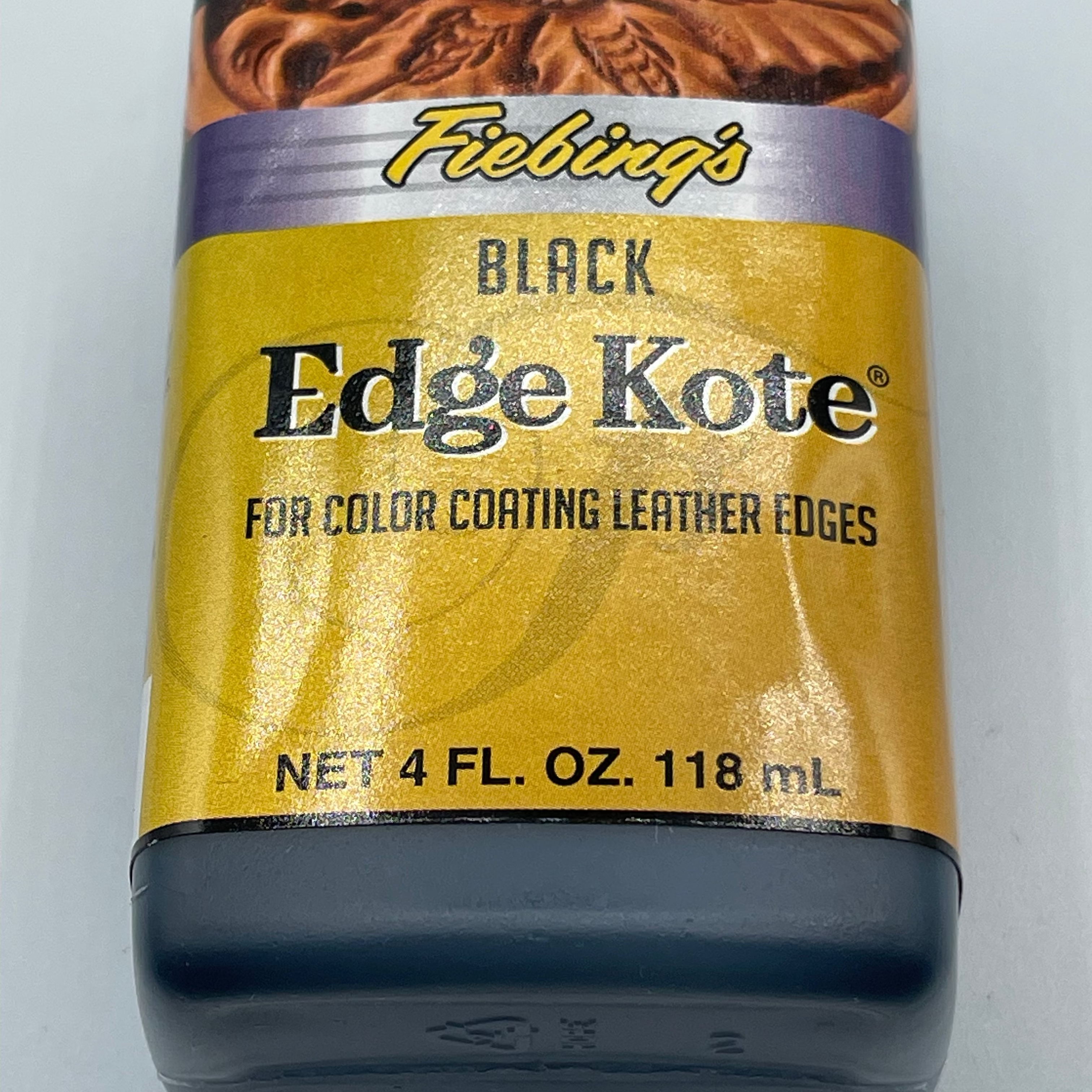 Fiebing's Edge Kote in black, a 4 oz bottle for color coating leather edges with a gold and purple label.