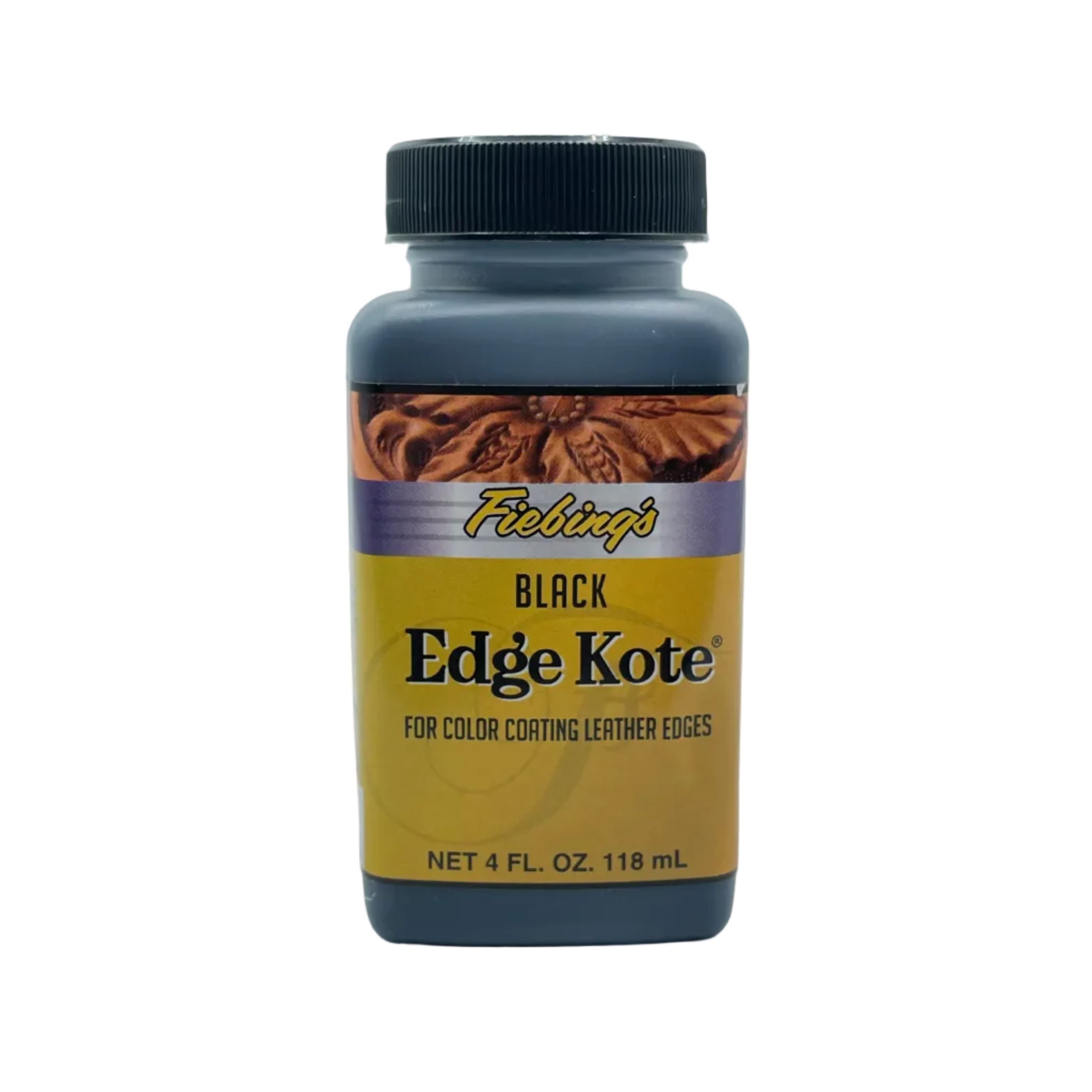 Fiebing's Edge Kote in black, a 4 oz bottle for color coating leather edges with a yellow and brown label.