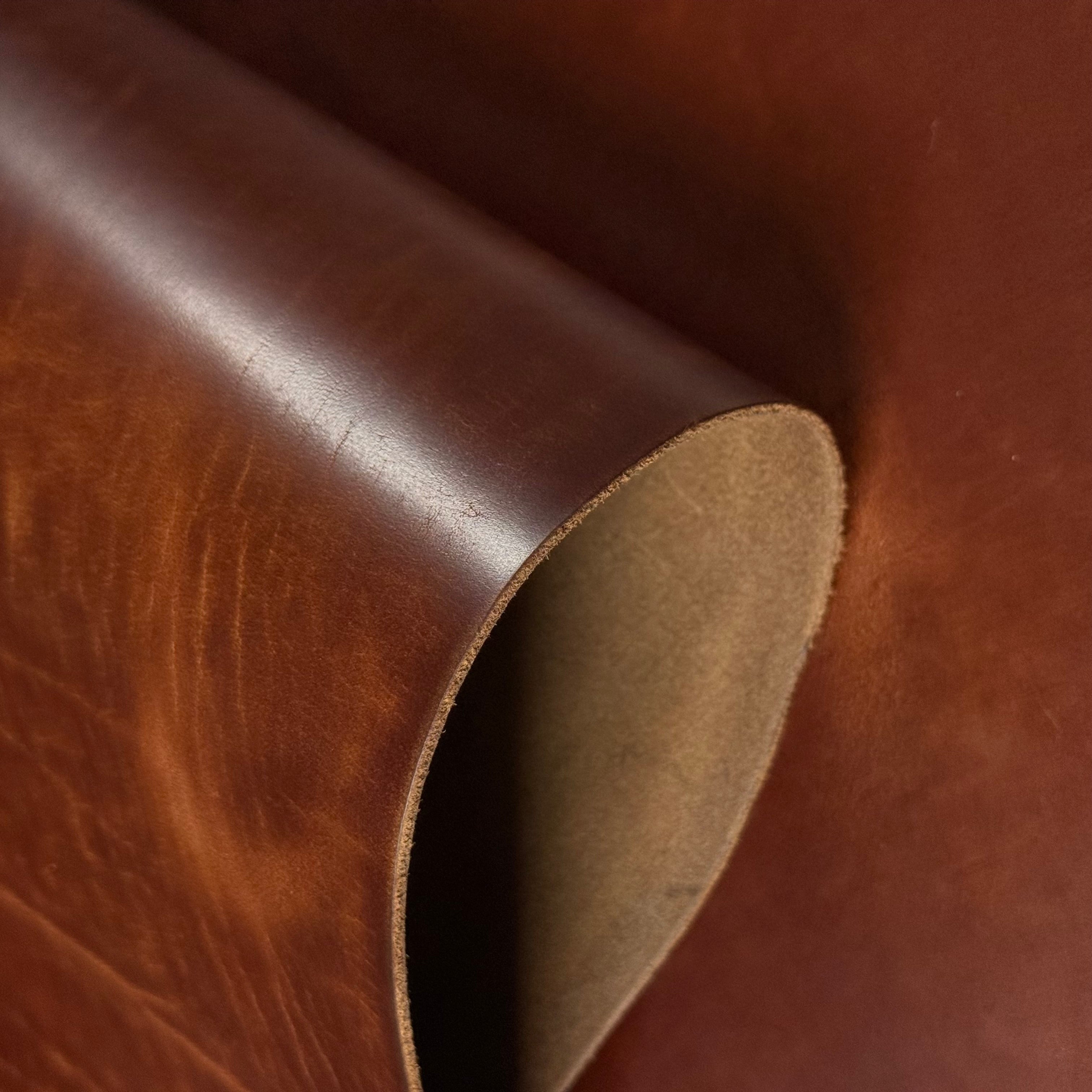Seidel Double Shot pull-up cowhide leather in rich brown, 5-6 oz thickness with a smooth, durable finish.