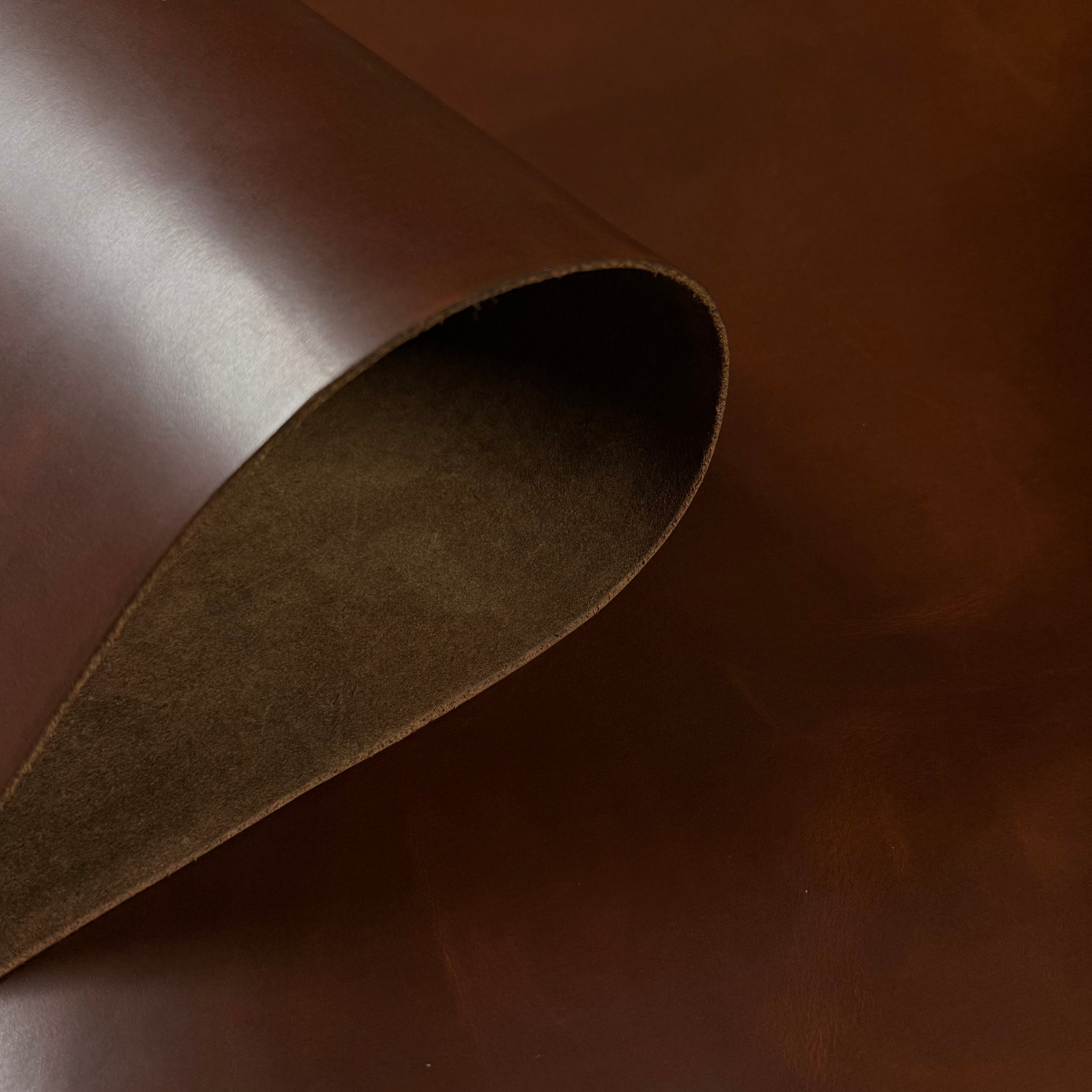 Seidel Double Shot pull-up cowhide in dark brown, 5-6 oz leather with a smooth finish and visible suede backing.