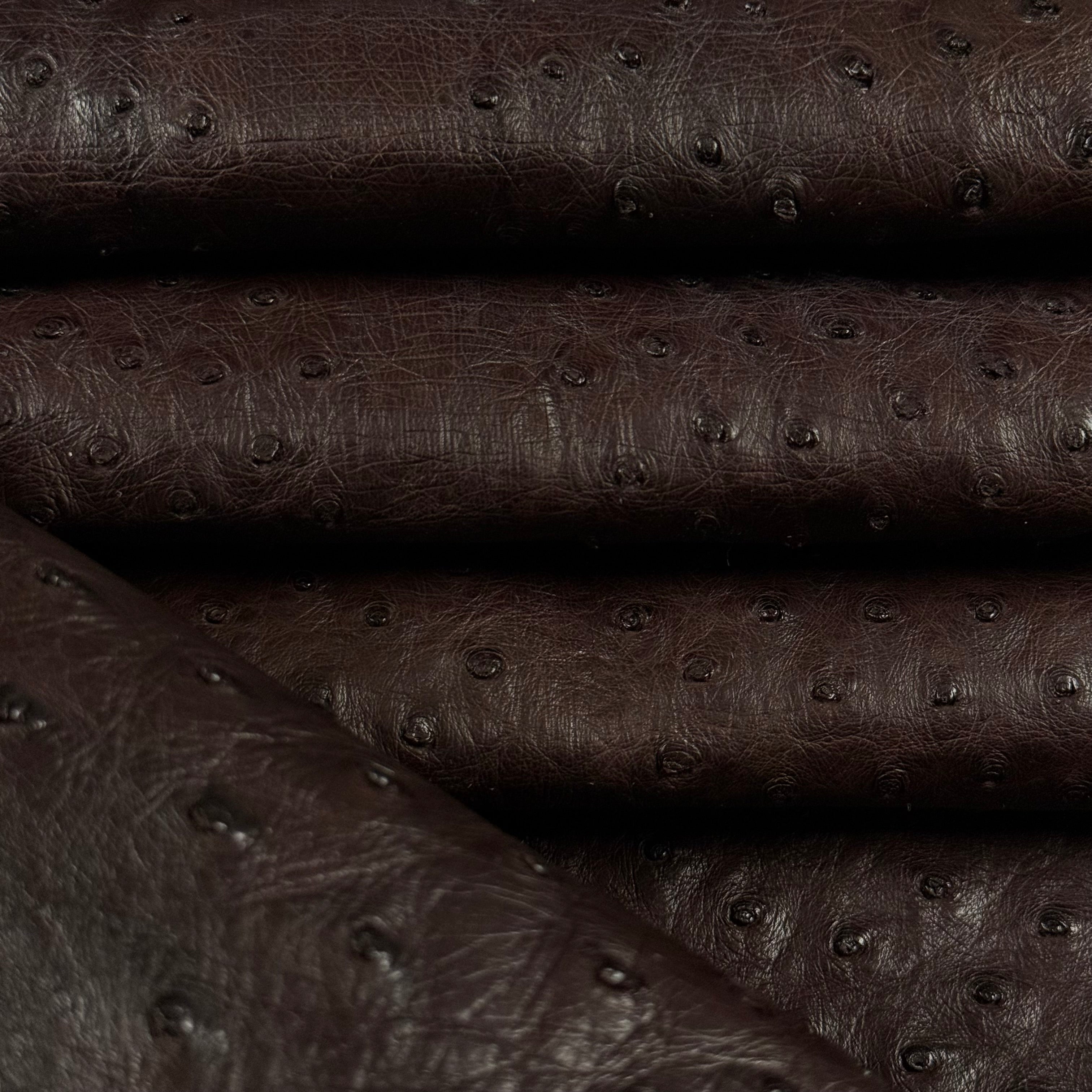 Dark brown full quill genuine ostrich leather with a natural, textured pattern.