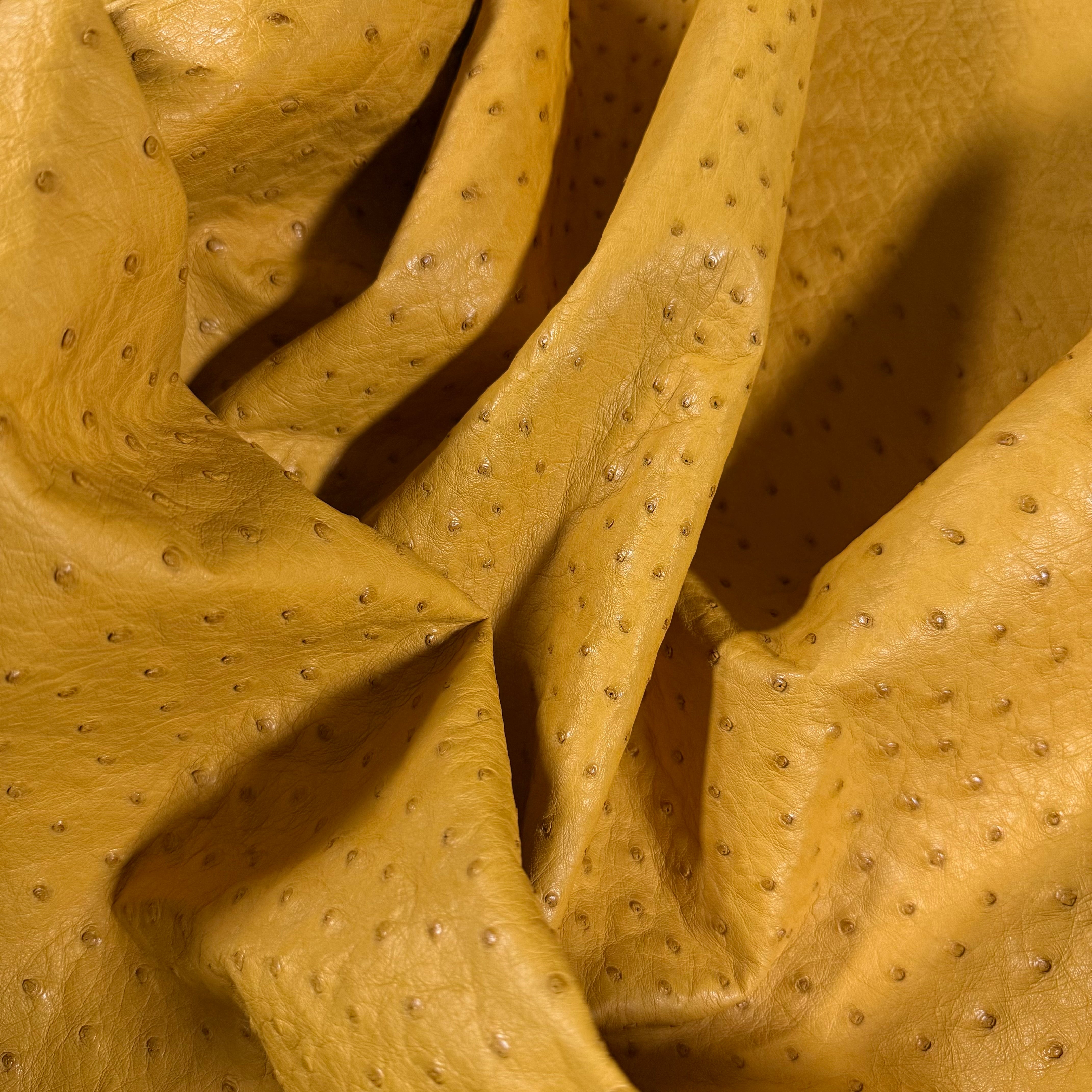 Wrinkled mustard yellow full quill genuine ostrich leather with natural texture.