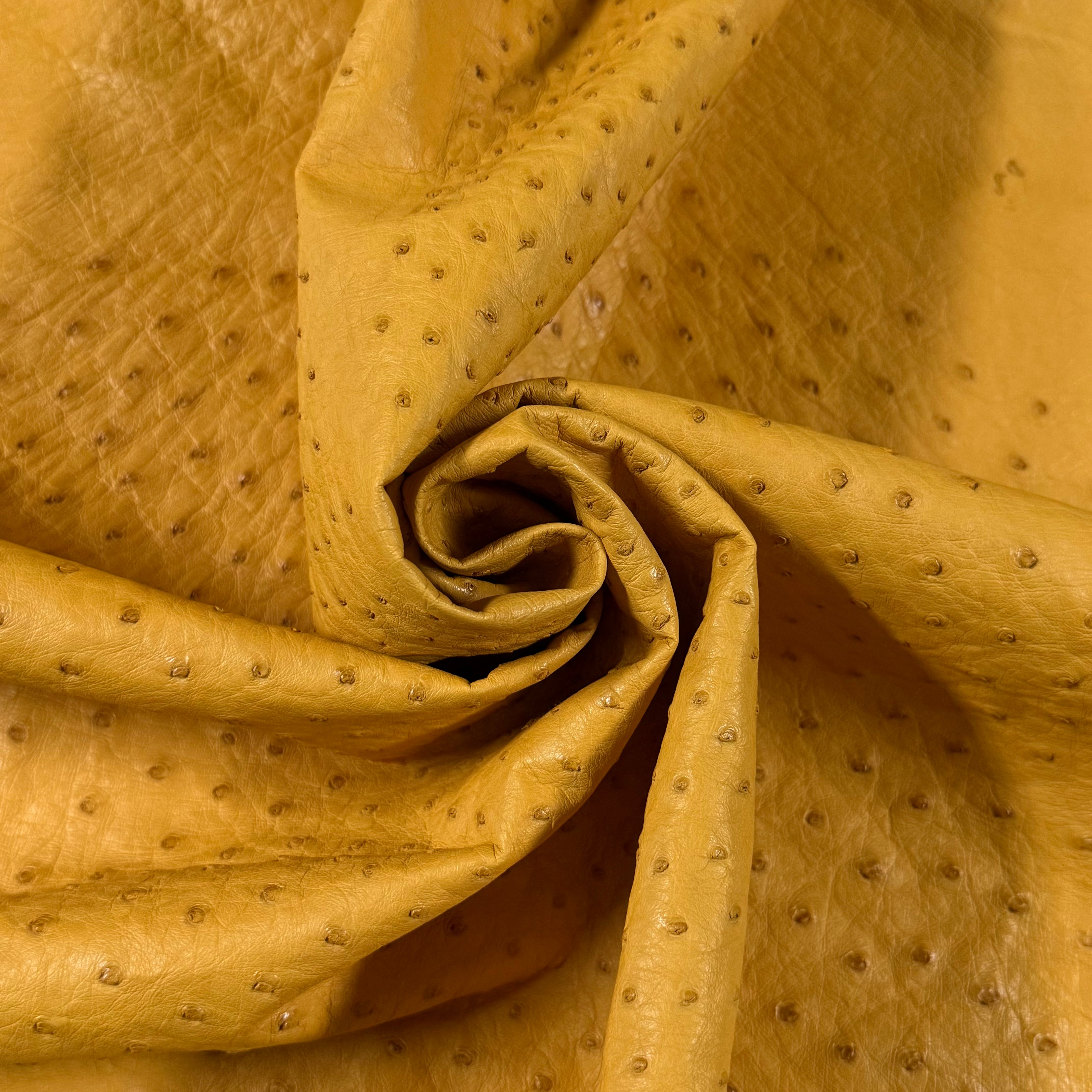 Golden yellow full quill genuine ostrich leather, showcasing its distinctive raised quill pattern and soft texture.