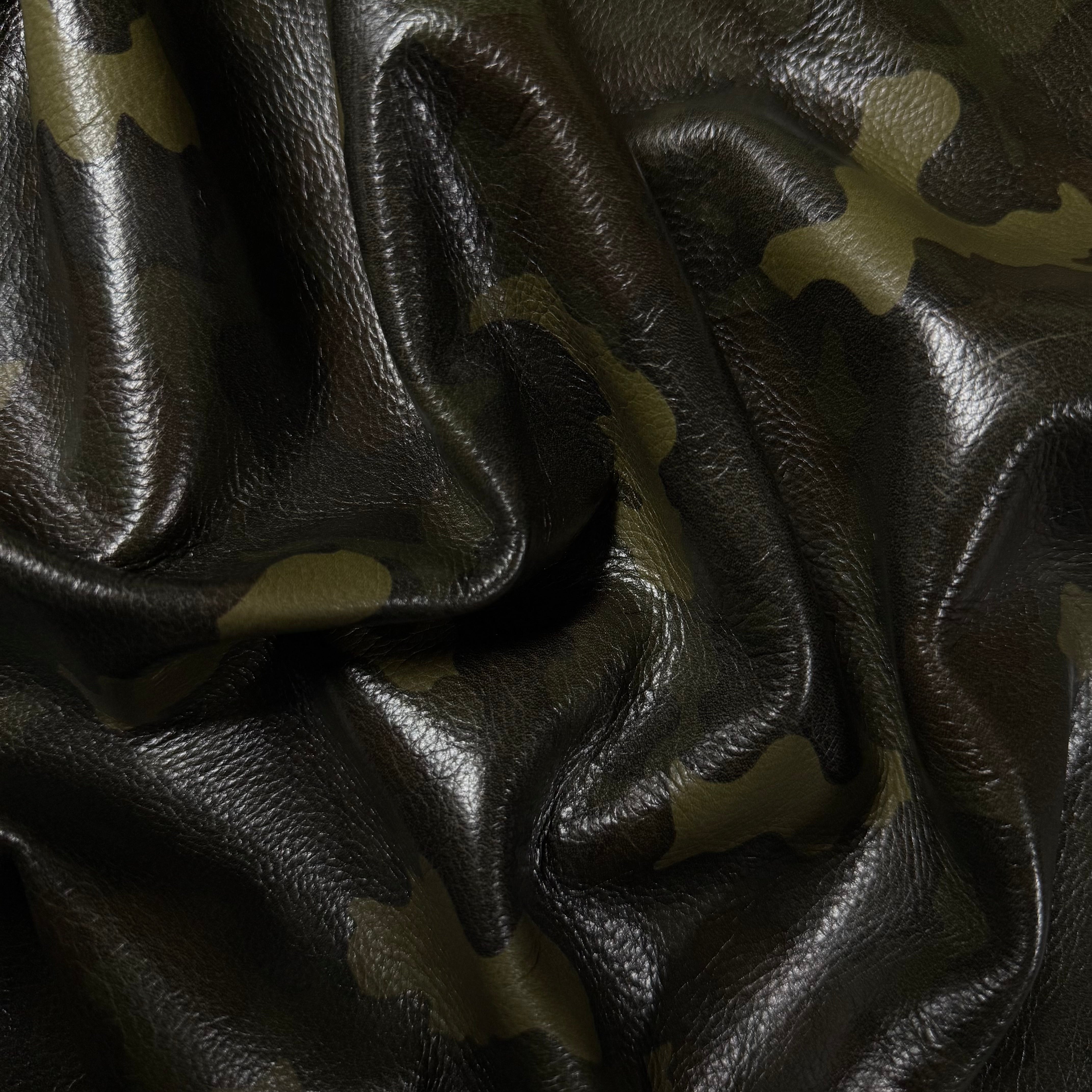 3 oz Camouflage Milled Floater Cow leather in Woodland Camo with a textured, pebbled finish and soft drape.
