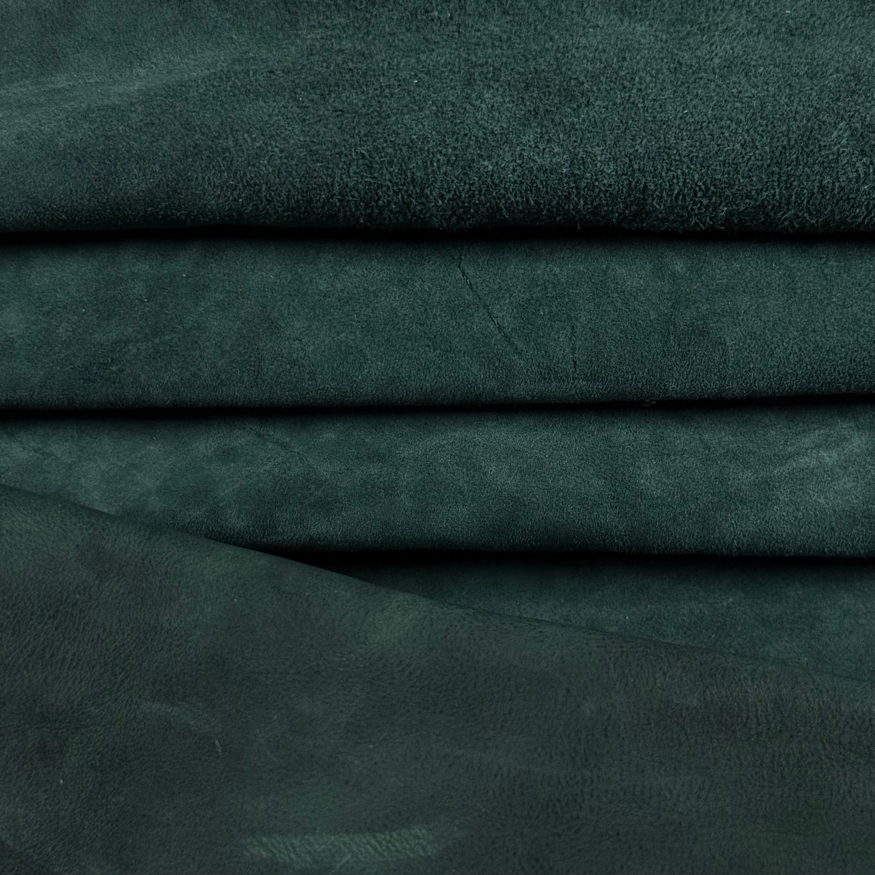 Folded dark green Conceria Incas Italian Water Calf leather with a soft, suede-like finish.