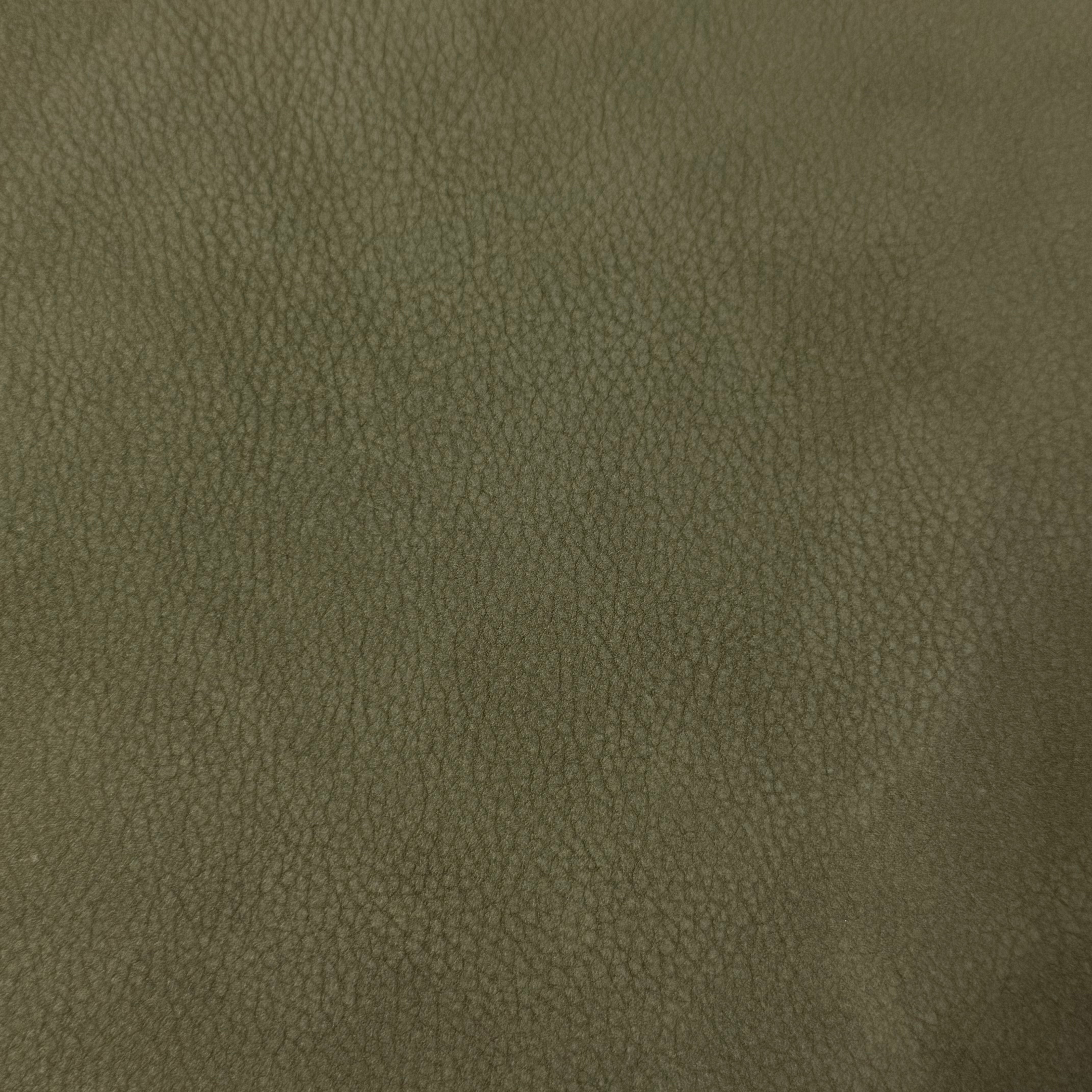 Olive green Premium Top Grain Nubuck Cowhide, 3-4 oz leather with a soft, matte textured finish.