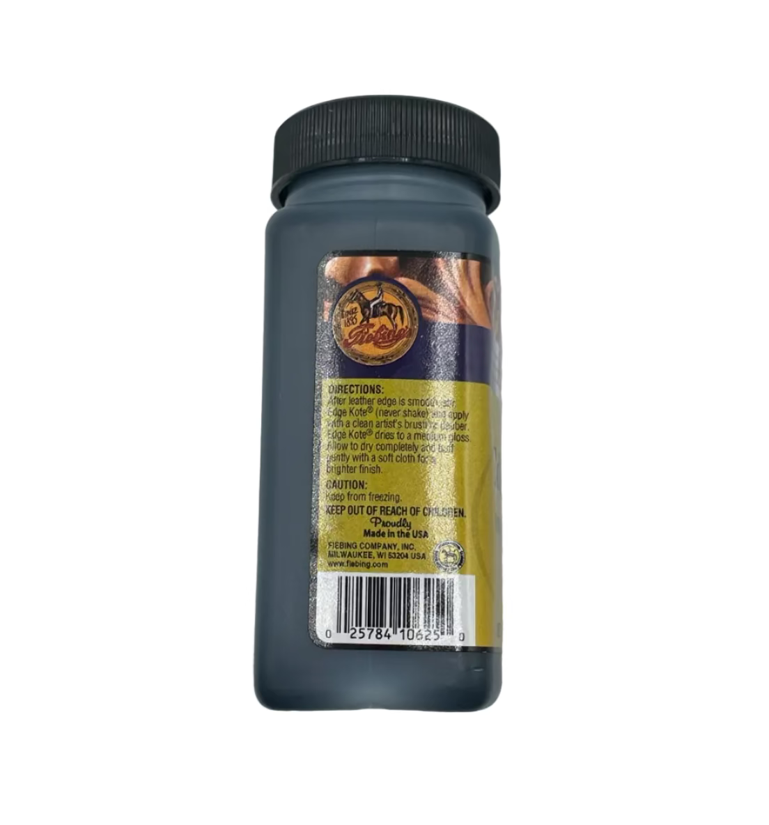 Fiebing's Edge Kote in black, 4 oz bottle with a black screw cap and detailed product label on a white background.