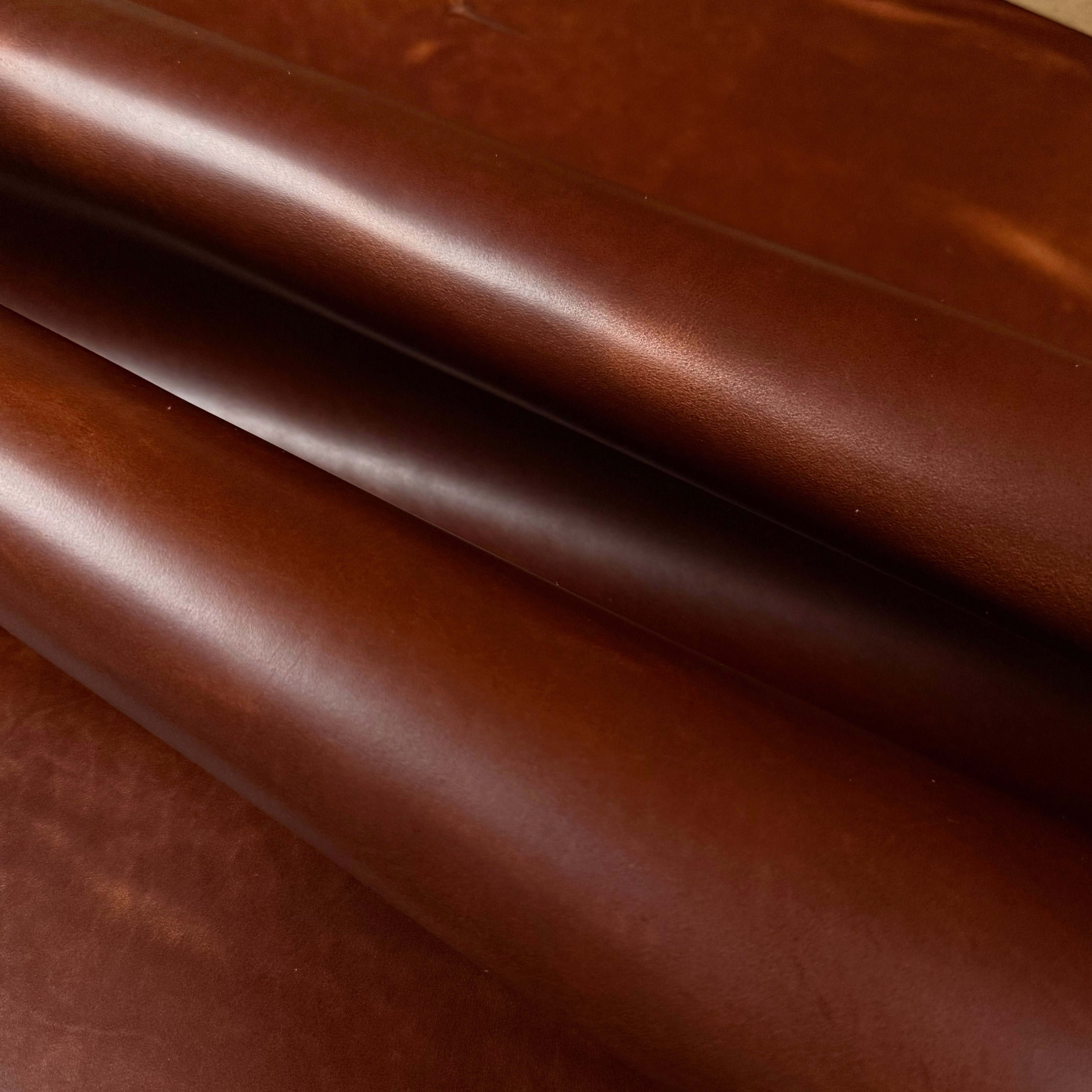 Seidel Double Shot pull-up cowhide leather in rich brown, 5-6 oz weight with a smooth, durable finish.