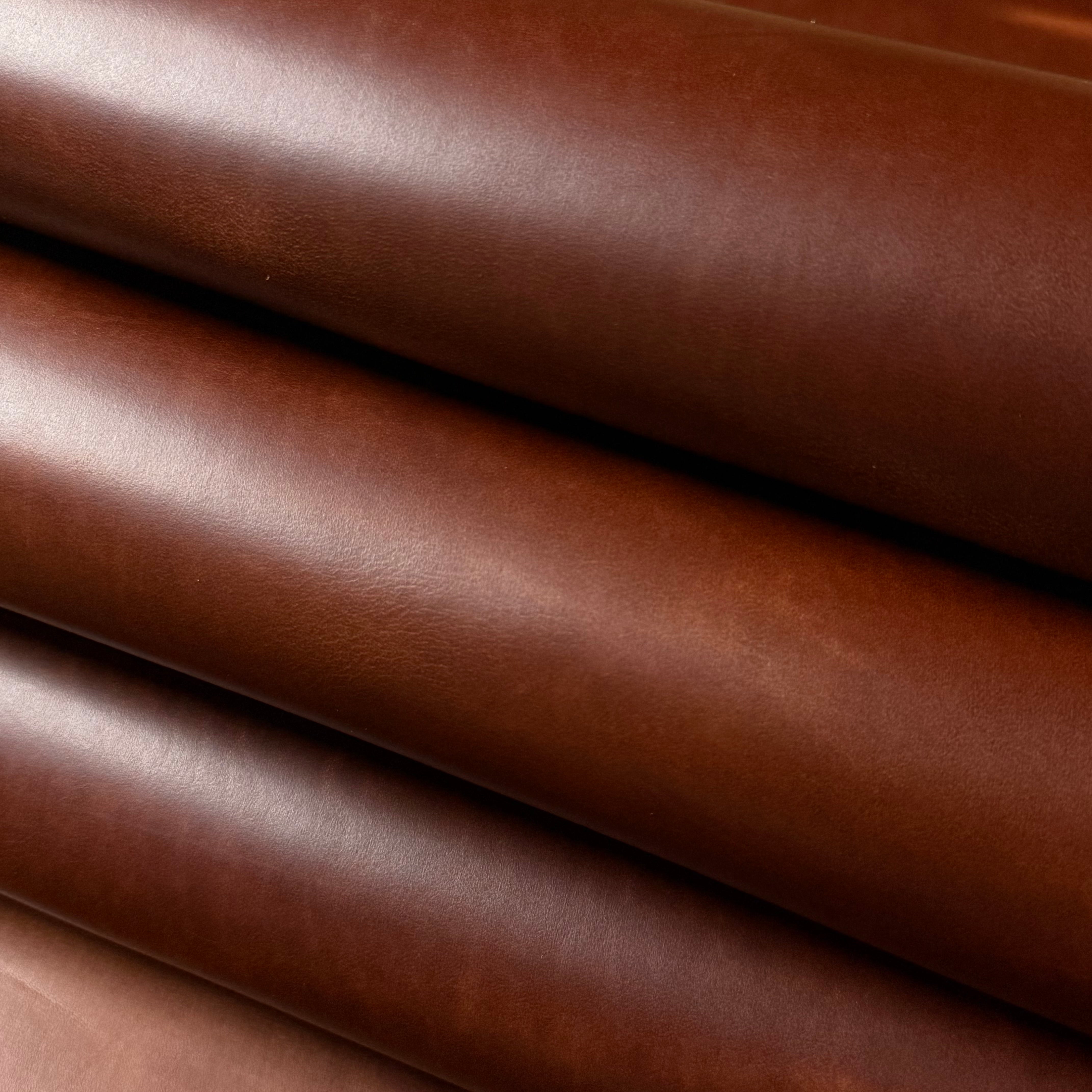 Seidel Double Shot pull-up cowhide leather in rich brown, 5-6 oz weight with a smooth, durable finish.