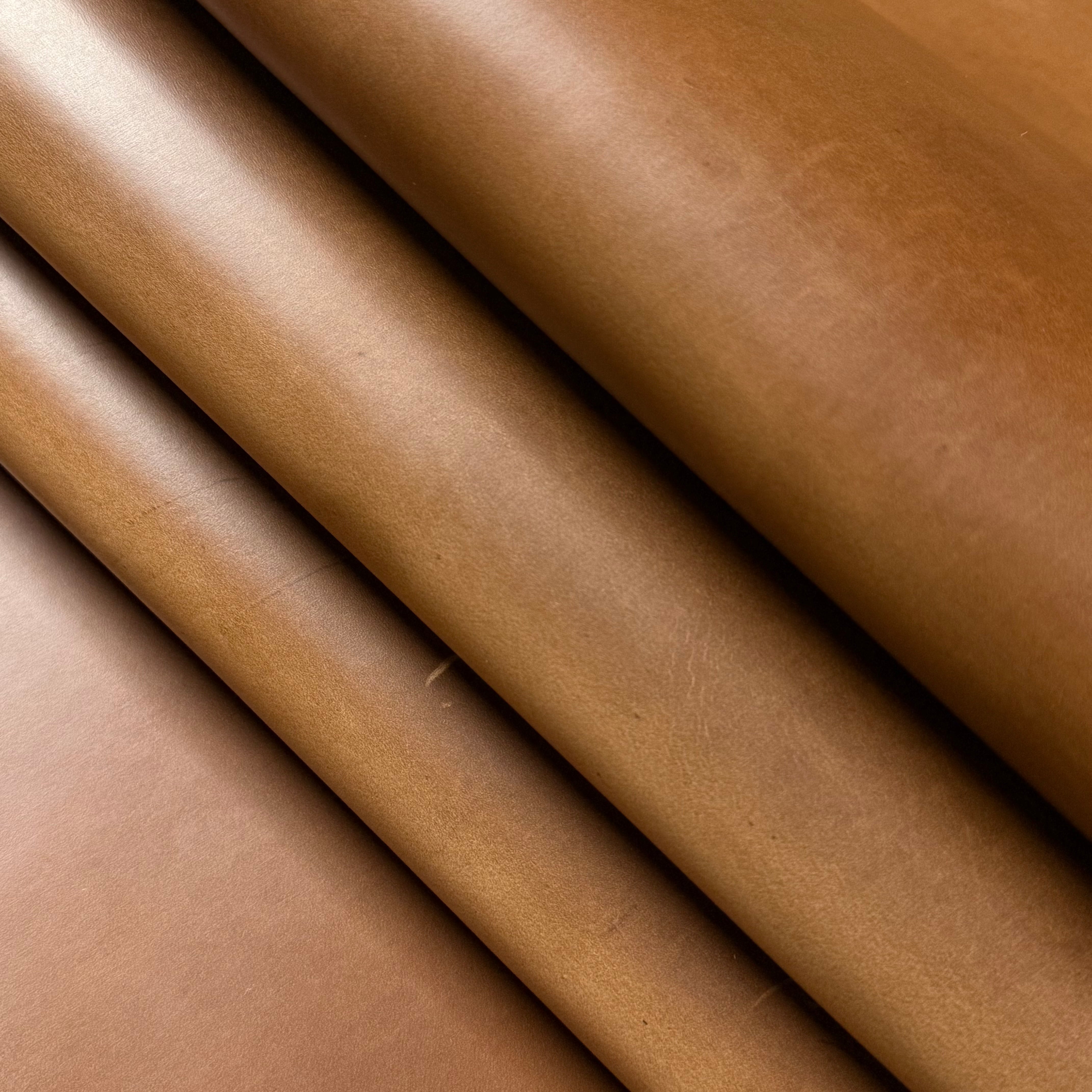 Seidel Double Shot Pull-Up Cowhide in tan, 5-6 oz leather with a smooth, matte finish and natural grain texture.
